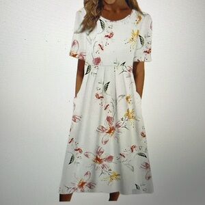 Womens XXL Dress Short Sleeve Floral Midi Dress Casual Summer Loose White NWOT